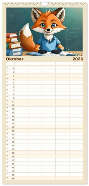 Produktbild: Familienplaner 2026 - Schlaufuchs - Abenteuer Schule mit 5 Spalten (Wandkalender, 21 x 45 cm) CALVENDO