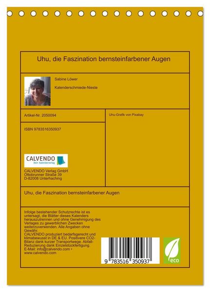 Produktbild: Uhu, die Faszination bernsteinfarbener Augen (Tischkalender 2026 DIN A5 hoch), CALVENDO Monatskalender