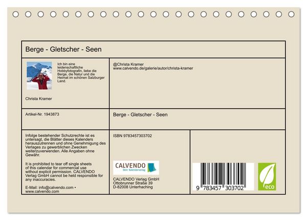Produktbild: Berge - Gletscher - Seen (Tischkalender 2026 DIN A5 quer), CALVENDO Monatskalender
