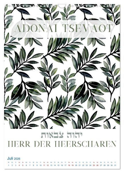 Produktbild: Hebr&auml;ische Namen Gottes aus der Torah (Wandkalender 2026 DIN A3 hoch), CALVENDO Monatskalender