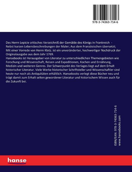 Produktbild: Des Herrn Lepicie critisches Verzeichni&szlig; der Gem&auml;lde des K&ouml;nigs in Frankreich