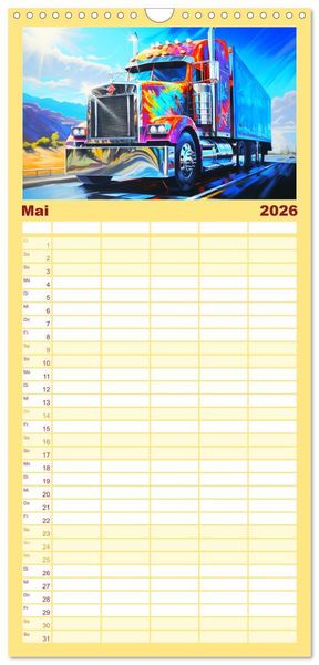 Produktbild: Familienplaner 2026 - Langhauber Paintings. Trucks in lebendigen Farben mit 5 Spalten (Wandkalender, 21 x 45 cm) CALVENDO