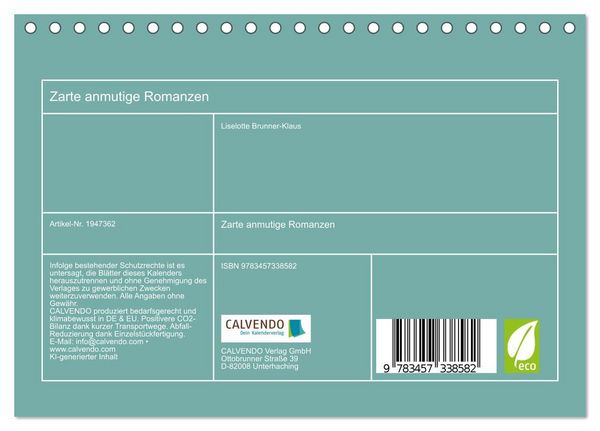 Produktbild: Zarte anmutige Romanzen (Tischkalender 2026 DIN A5 quer), CALVENDO Monatskalender