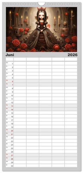 Produktbild: Familienplaner 2026 - Little Gothic Queens. Surrealistische Illustrationen mit 5 Spalten (Wandkalender, 21 x 45 cm) CALVENDO