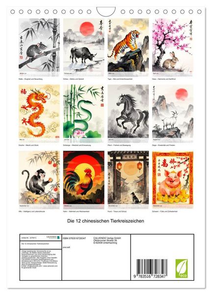 Produktbild: Die 12 chinesischen Tierkreiszeichen (Wandkalender 2026 DIN A4 hoch), CALVENDO Monatskalender