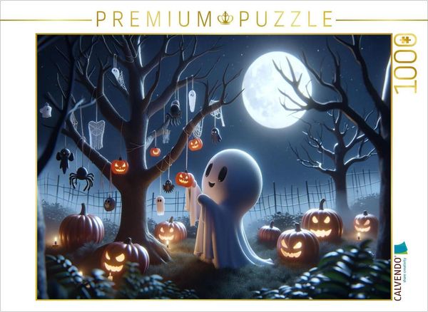 CALVENDO Puzzle Das kleine Gespenst schmückt den Halloween-Baum | 1000 Teile Lege-Größe 64x48cm Foto-Puzzle für glückliche Stunden