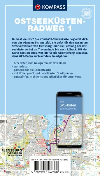 Produktbild: KOMPASS Fahrrad-Tourenkarte Ostseek&uuml;stenradweg 1, von Flensburg nach L&uuml;beck 1:50.000