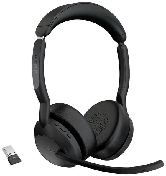 Jabra Evolve2 55 MS Stereo Computer On Ear Headset Bluetooth® Stereo Schwarz Noise Cancelling, Mikrofon-Rauschunterdrück