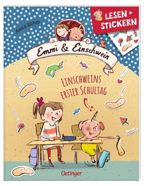 Lesen + Stickern. Einschweins erster Schultag