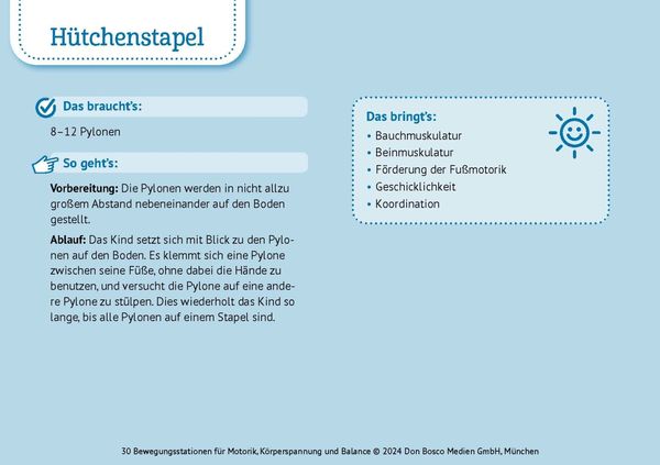 Produktbild: 30 Bewegungsstationen f&uuml;r Motorik, K&ouml;rperspannung und Balance. Bildkarten f&uuml;r Kinder von 3 bis 8