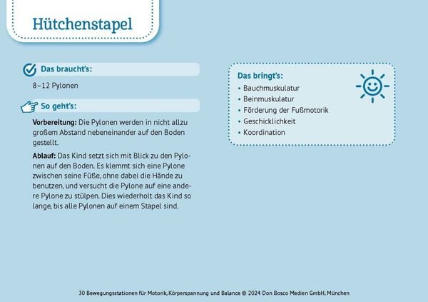 Produktbild: 30 Bewegungsstationen für Motorik, Körperspannung und Balance. Bildkarten für Kinder von 3 bis 8