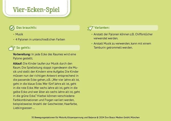 Produktbild: 30 Bewegungsstationen f&uuml;r Motorik, K&ouml;rperspannung und Balance. Bildkarten f&uuml;r Kinder von 3 bis 8