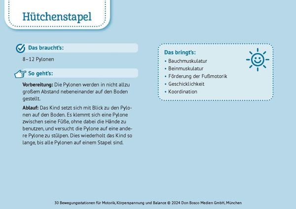 Produktbild: 30 Bewegungsstationen f&uuml;r Motorik, K&ouml;rperspannung und Balance. Bildkarten f&uuml;r Kinder von 3 bis 8