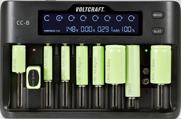 Produktbild: VOLTCRAFT CC-8 Rundzellen-Ladeger&auml;t LiIon, LiFePO, NiMH, NiCd A, Mignon (AA), Micro (AAA), Mini (AAAA), 9V Block, Baby (C), Sub-C