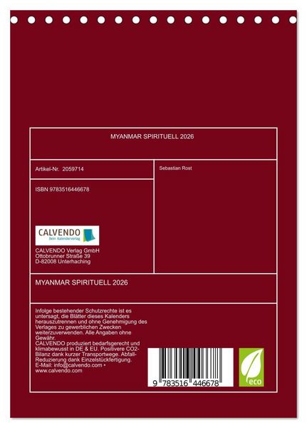 Produktbild: MYANMAR SPIRITUELL 2026 (Tischkalender 2026 DIN A5 hoch), CALVENDO Monatskalender