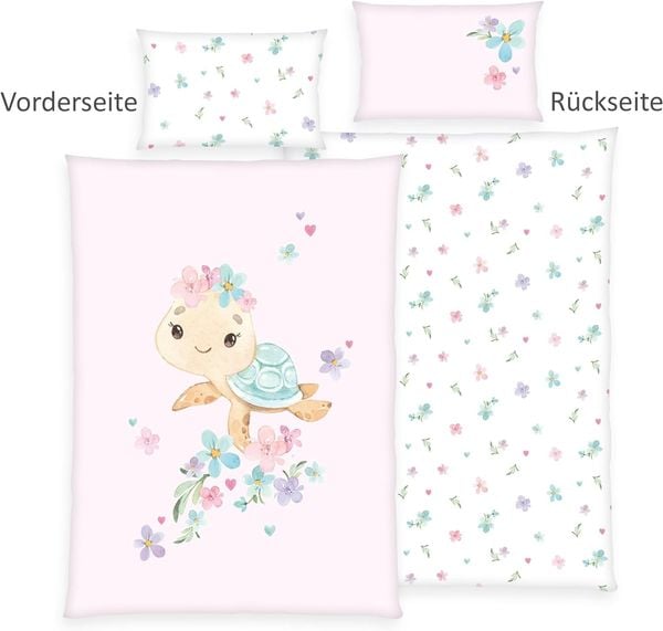 Herding 2485260063 - babybest® Bettwäsche, Little Turtle, Baumwolle/Renforcé, weiß/rosa, 40x60/100x135 cm