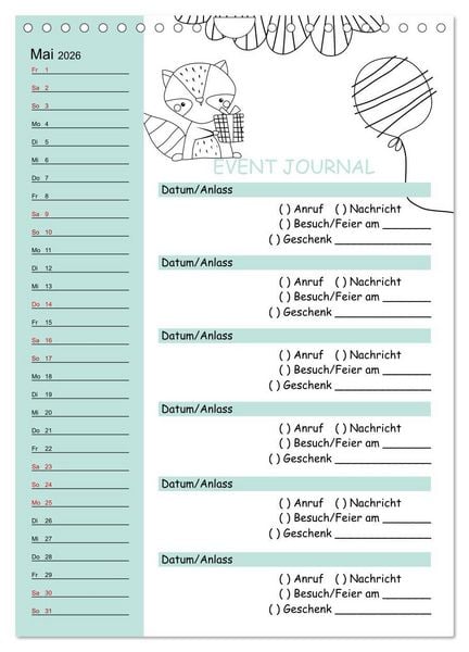Produktbild: Geburtstagsplaner Doodle Tiere - F&uuml;r Termine, Geschenke, Eventdetails & mehr (Wandkalender 2026 DIN A4 hoch), CALVENDO Monatskalender