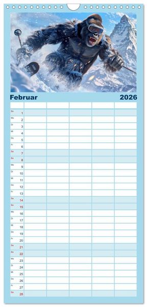 Produktbild: Familienplaner 2026 - Tierisch lustige Skifahrer mit 5 Spalten (Wandkalender, 21 x 45 cm) CALVENDO