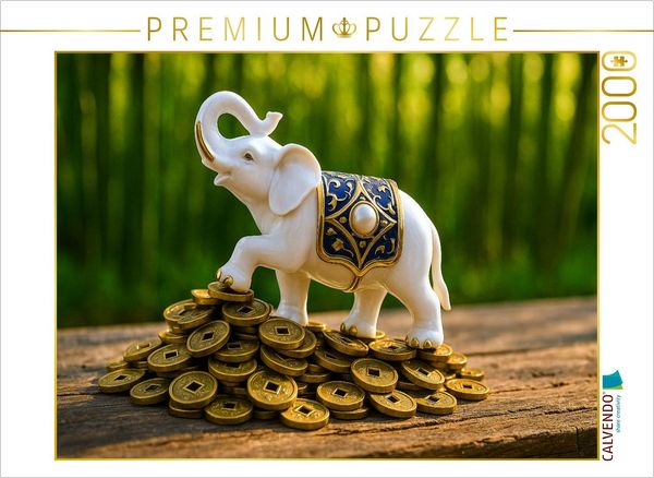 Produktbild: CALVENDO Puzzle Elefant mit M&uuml;nzen - Weisheit, St&auml;rke und Gl&uuml;ck im Haus | 2000 Teile Lege-Gr&ouml;&szlig;e 90x67cm Foto-Puzzle f&uuml;r gl&uuml;ckliche Stunden