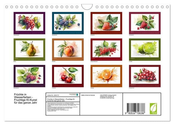 Produktbild: Fr&uuml;chte in Wasserfarben - Fruchtige KI-Kunst f&uuml;r das ganze Jahr (Wandkalender 2026 DIN A4 quer), CALVENDO Monatskalender