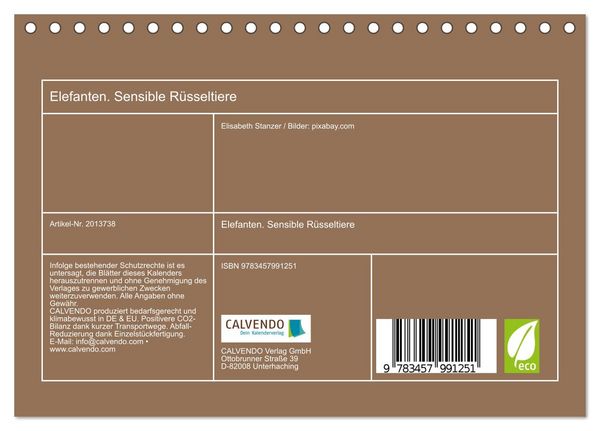 Produktbild: Elefanten. Sensible R&uuml;sseltiere (Tischkalender 2026 DIN A5 quer), CALVENDO Monatskalender