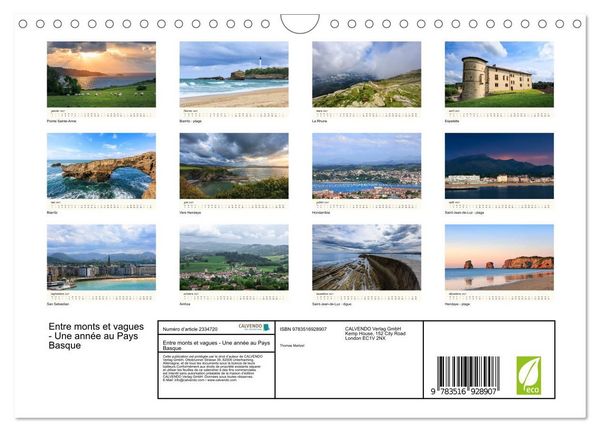 Produktbild: Entre monts et vagues - Une ann&eacute;e au Pays Basque (Calendrier mural 2027 DIN A4 vertical), CALVENDO calendrier mensuel