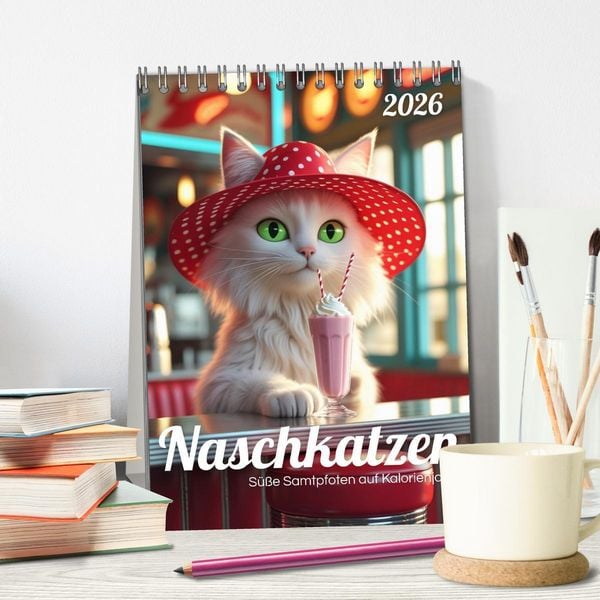 Produktbild: Naschkatzen &ndash; S&uuml;&szlig;e Samtpfoten auf Kalorienjagd (Tischkalender 2026 DIN A5 hoch), CALVENDO Monatskalender
