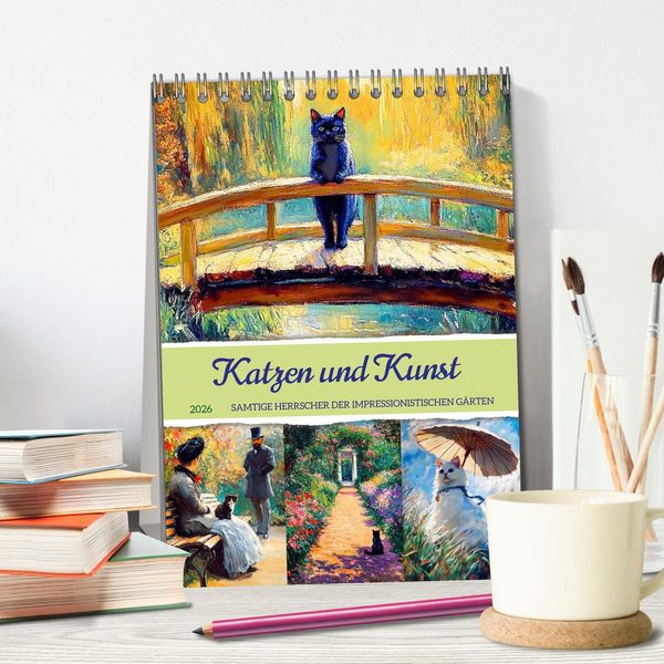 Produktbild: Katzen und Kunst - Samtige Herrscher der impressionistischen G&auml;rten (Tischkalender 2026 DIN A5 hoch), CALVENDO Monatskalender