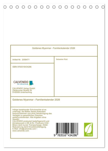 Produktbild: Goldenes Myanmar - Familienkalender 2026 (Tischkalender 2026 DIN A5 hoch), CALVENDO Monatskalender