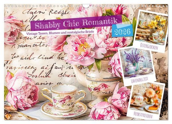 Produktbild: Shabby Chic Romantik - Vintage Tassen, Blumen und nostalgische Briefe (Wandkalender 2026 DIN A3 quer), CALVENDO Monatskalender