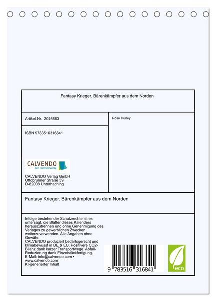 Produktbild: Fantasy Krieger. B&auml;renk&auml;mpfer aus dem Norden (Tischkalender 2026 DIN A5 hoch), CALVENDO Monatskalender