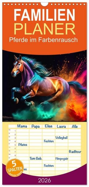 Produktbild: Familienplaner 2026 - Pferde im Farbenrausch mit 5 Spalten (Wandkalender, 21 x 45 cm) CALVENDO