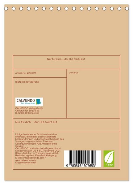 Produktbild: Nur f&uuml;r dich&hellip; der Hut bleibt auf (Tischkalender 2027 DIN A5 hoch), CALVENDO Monatskalender