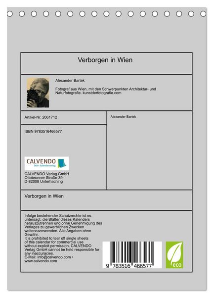 Produktbild: Verborgen in Wien (Tischkalender 2026 DIN A5 hoch), CALVENDO Monatskalender