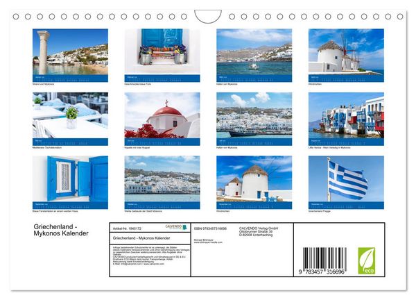 Produktbild: Griechenland - Mykonos Kalender (Wandkalender 2026 DIN A4 quer), CALVENDO Monatskalender