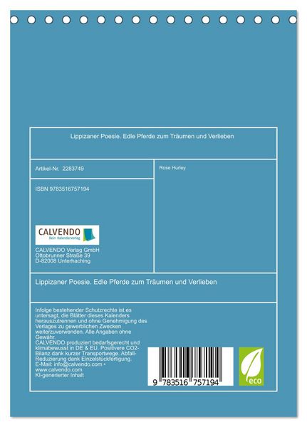 Produktbild: Lippizaner Poesie. Edle Pferde zum Tr&auml;umen und Verlieben (Tischkalender 2027 DIN A5 hoch), CALVENDO Monatskalender