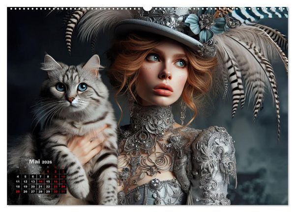 Produktbild: Luxuri&ouml;ser Bohemian Flair - Elegante Frauen mit anmutigen Katzen (hochwertiger Premium Wandkalender 2026 DIN A2 quer), Kunstdruck in Hochglanz