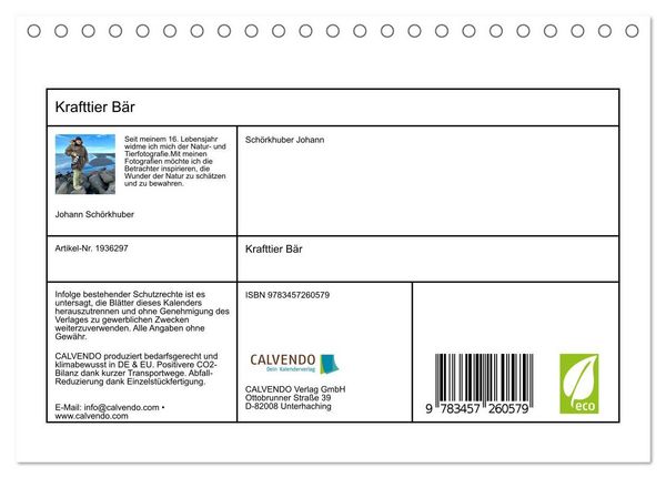 Produktbild: Krafttier B&auml;r (Tischkalender 2026 DIN A5 quer), CALVENDO Monatskalender