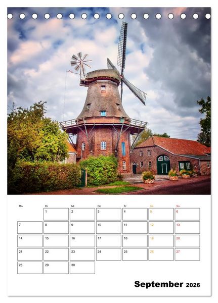 Produktbild: Historische Windm&uuml;hlen an der Friesischen M&uuml;hlenstra&szlig;e / CH-Version / Planer (Tischkalender 2026 DIN A5 hoch), CALVENDO Monatskalender