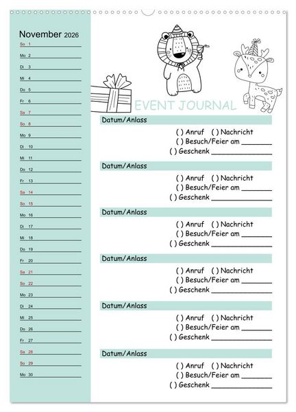 Produktbild: Geburtstagsplaner Doodle Tiere - F&uuml;r Termine, Geschenke, Eventdetails & mehr (hochwertiger Premium Wandkalender 2026 DIN A2 hoch), Kunstdruck in Hochglanz