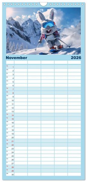 Produktbild: Familienplaner 2026 - Tierisch lustige Skifahrer mit 5 Spalten (Wandkalender, 21 x 45 cm) CALVENDO