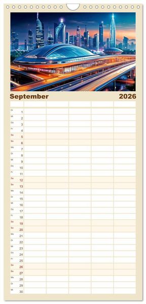 Produktbild: Familienplaner 2026 - Zukunftsvision Megacity mit 5 Spalten (Wandkalender, 21 x 45 cm) CALVENDO