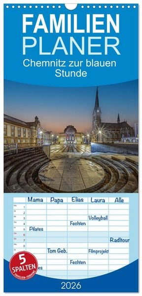 Produktbild: Familienplaner 2026 - Chemnitz zur blauen Stunde mit 5 Spalten (Wandkalender, 21 x 45 cm) CALVENDO