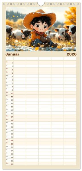 Produktbild: Familienplaner 2026 - Kleine Farmer. Niedliche Jungs mit ihren tierischen Freunden mit 5 Spalten (Wandkalender, 21 x 45 cm) CALVENDO