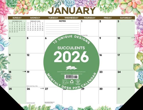 Produktbild: Succulents 2026 22 X 17 Large Monthly Deskpad