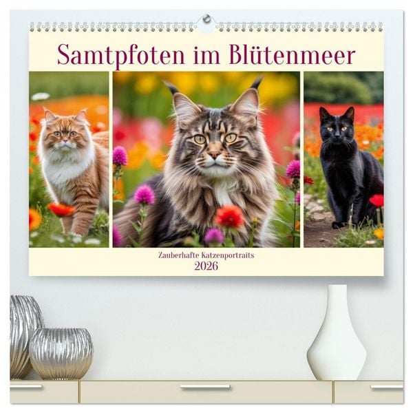 Produktbild: Samtpfoten im Bl&uuml;tenmeer (hochwertiger Premium Wandkalender 2026 DIN A2 quer), Kunstdruck in Hochglanz
