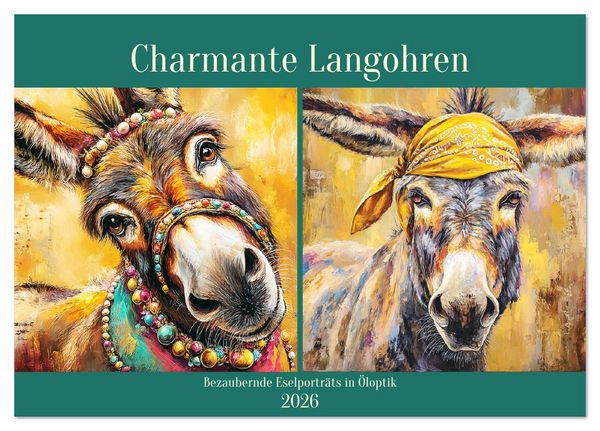 Produktbild: Charmante Langohren. Bezaubernde Eselportr&auml;ts in &Ouml;loptik (Tischkalender 2026 DIN A5 quer), CALVENDO Monatskalender