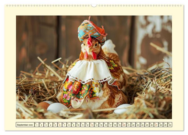 Produktbild: Lustige Federvieh-Fashion. Modische Abenteuer auf dem Bauernhof (Wandkalender 2026 DIN A2 quer), CALVENDO Monatskalender