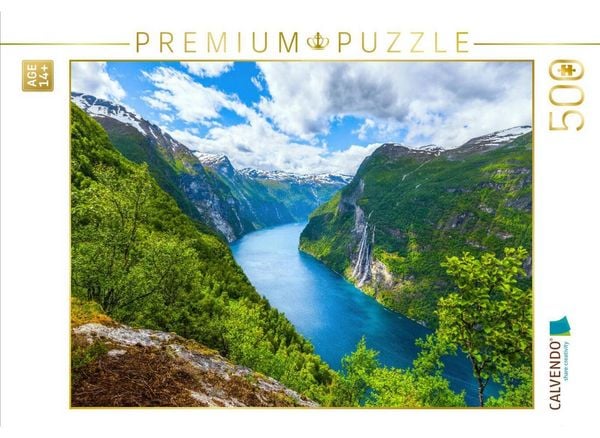 "CALVENDO Puzzle Wasserfall ""Sieben Schwestern"" und der Geirangerfjord | 500 Teile Lege-Größe 48 × 36 cm Foto-Puzzle für Erwachsene"