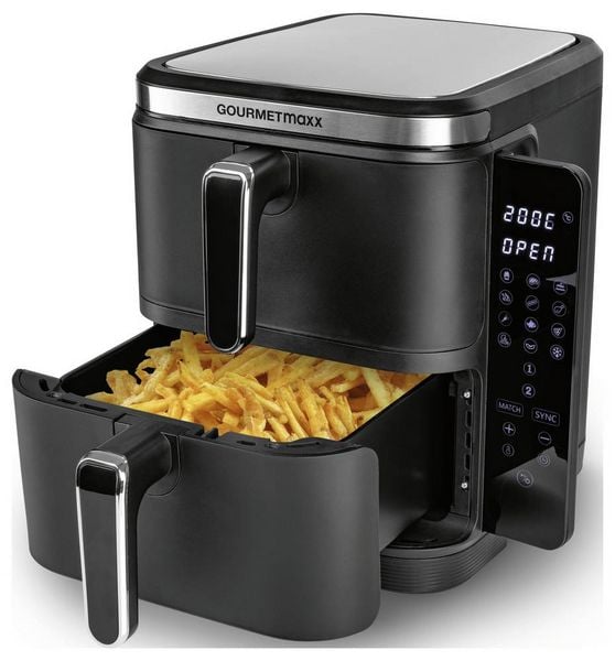 Produktbild: GourmetMaxx FryUp Vertical 15305 Hei&szlig;luft-Fritteuse 10 l 2800 W 2 getrennte Temperaturregler, Antihaftbeschichtung, digitaler Timer Schwarz